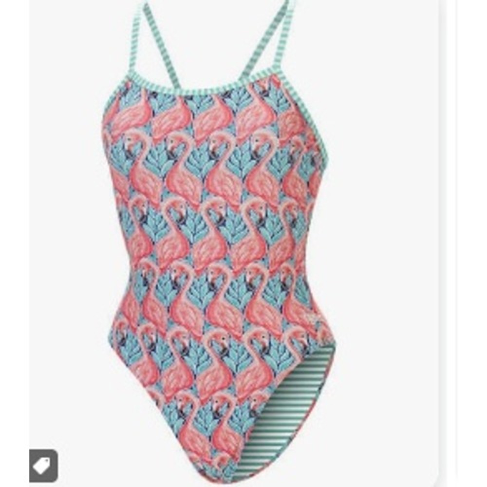 Dolfin Uglies Womens Flamingo Print V-2 Back One Piece Swimsuit Size 36 NEW